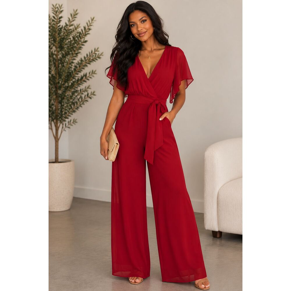 By Together Red Wide Leg Jumpsuit Wrap Front Belted Women’s Size L